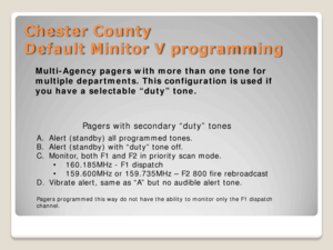 Page 8Chester County 
Default Minitor V programming 
Pagers with secondary “duty” tones 
A. Alert (standby) all programmed tones.  
B. Alert (standby) with “duty” tone off.  
C. Monitor, both F1 and F2 in priority  scan mode. 
• 160.185MHz  - F1 dispatch  
• 159.600MHz or 159.735MHz  – F2 800 fire rebroadcast  
D. Vibrate alert, same as “A” but no audible alert tone.  
 
Pagers programmed this way do not have the ability to monitor only the F1 dispatch 
channel.  
Multi-Agency pagers with more than one tone...