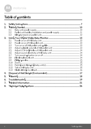 Page 66Table of contents
Table of contents
1. Safety Instructions ..................................................................................... 7
2. Getting Started ........................................................................................ 10
2.1 Baby unit power supply............................................................................. 10
2.2 Parent unit battery installation and power supply .................................... 11
2.3 Belt clip/stand on parent...