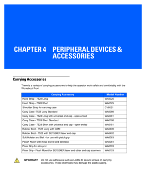 Page 123CHAPTER 4 PERIPHERAL DEVICES & ACCESSORIES
PERIPHERAL DEVICES & ACCESSORIES 4
Carrying Accessories
There is a variety of carrying accessories to help the operator  work safely and comfortably with the 
Workabout Pro4.
Carrying AccessoryModel Number
Hand Strap - 7528 Long WA6025
Hand Strap - 7528 Short WA6125
Shoulder Strap for carrying case CV6021
Carry Case -7528 Long Standard WA6080
Carry Case - 7528 Long with unive rsal end-cap - open ended WA6081
Carry Case - 7528 Short Standard  WA6180
Carry Case -...