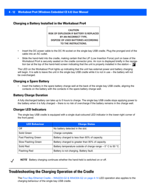 Page 1344 - 12 Workabout Pro4 (Windows Embedded CE 6.0) User Manual
Charging a Battery Installed in the Workabout Pro4
• Insert the DC power cable to th e DC IN socket on the single bay USB cradle. Plug the pronged end of the 
cable into an AC outlet.
• Slide the hand-held into the cr adle, making certain that the LIF (Low Insertion Force) port on base of the 
Workabout Pro4 is securely seated on the cradle connector pins.  An icon is displayed briefly in the naviga-
tion bar at the top of the hand-held screen...