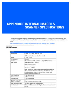 Page 161APPENDIX D INTERNAL IMAGER & SCANNER SPECIFICATIONS
DInternal Imager & Scanner Specifications
This appendix lists specification s for the following internal scanners. For a current list of model numbers and 
descriptions for Workabout Pro4 scanner pod and back cover kits , please contact your Zebra representative or 
go to: 
http://www.zebra.com/US-EN/Produ ct+Lines/Psion/?WT.mc_id=psion_us_p_handheld
SE965 Scanner
SE965
Dimensions0.46 in. H x 0.85 in. W x 0.61 in. D
11.75 mm H x 21.6  mm W x 15.5 mm D...