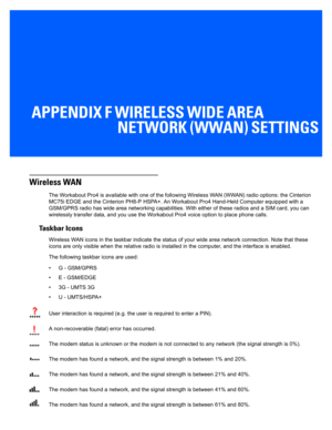 Page 177APPENDIX F WIRELESS WIDE AREA NETWORK (WWAN) SETTINGS
FWireless Wide Area Network (WWAN) Settings
Wireless WAN
The Workabout Pro4 is available with one of the following Wirel ess WAN (WWAN) radio options: the Cinterion 
MC75i EDGE and the Cinterion PH8-P  HSPA+. An Workabout Pro4 Hand-Held Computer equipped with a 
GSM/GPRS radio has wide area networking capabilities. With either of these radios and  a SIM card, you can 
wirelessly transfer data, and y ou use the Workabout Pro4 voice  option to place...