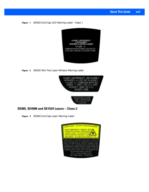 Page 19About This Guide     xvii
Figure   1SE655 End-Cap LED Warning Label - Class 1
Figure   2SE655 Slim Pod Laser Window Warning Label
SE965, SE4500 and SE1524 Lasers – Class 2
Figure   3SE965 End-Cap Laser Warning Label 