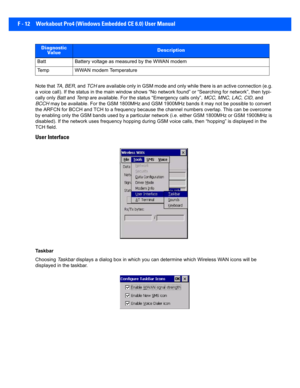 Page 188F - 12 Workabout Pro4 (Windows Embedded CE 6.0) User Manual
Note that TA, BER , and  TCH are available only in GSM mode and only while there is an acti ve connection (e.g. 
a voice call). If the status in th e main window shows “No netwo rk found” or “Searching for network”, then typi-
cally only  Batt and Te m p are available. For the status “Emergency calls only”,  MCC, MNC , LAC, CID , and 
BCCH  may be available. For the GSM 1800MHz and GSM  1900MHz bands it may not be possible to convert 
the ARFCN...