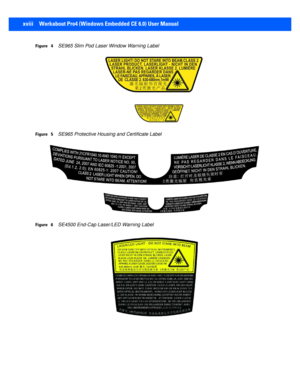 Page 20    xviii Workabout Pro4 (Windows Embedded CE 6.0) User Manual
Figure   4SE965 Slim Pod Laser Window Warning Label
Figure   5SE965 Protective Housing and Certificate Label
Figure   6SE4500 End-Cap Laser/LED Warning Label 