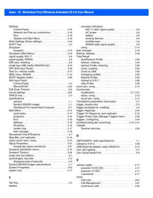 Page 204Index - VI Workabout Pro4 (Windows Embedded CE 6.0) User Manual
Settings
Control Panel
. . . . . . . . . . . . . . . . . . . . . . . . . . . . . . . .  2-18
Network and Dial-up connections. . . . . . . . . . . . . .  2-18
Run. . . . . . . . . . . . . . . . . . . . . . . . . . . . . . . . . . . . . . . . .  2-18
Taskbar and Start Menu . . . . . . . . . . . . . . . . . . . . . .  2-18
Shell Settings (Kiosk settings). . . . . . . . . . . . . . . . . . . . .  3-43
SHIFT Key. . . . . . . . . . . . . . . . . ....
