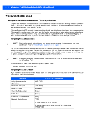 Page 402 - 12 Workabout Pro4 (Windows Embedded CE 6.0) User Manual
Windows Embedded CE 6.0
Navigating in Windows Embedded CE and Applications
Graphic user interfaces such as Windows Embedded CE for portabl e devices and desktop Windows (Windows 
Vista™, Windows 7, Windows 8, e tc.) utilize ‘point and click’ navigation. An equivalent keyboard shortcut is 
also available for every  ‘point and click’ action.
Windows Embedded CE supports the same ‘point and click’ user in terface and keyboard shortcuts as desktop...