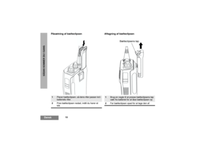 Page 10810
DanskSÅDANKOMMERDUIGANG
Påsætning af bælteclipsen Aftagning af bælteclipsen1
Placer bælteclipsen, så dens riller passer ind i 
batteriets riller.
2Pres bælteclipsen nedad, indtil du hører et 
klik.
1
Brug en nøgle til at presse bælteclipsens tap 
væk fra batteriet for at låse bælteclipsen op.
2Før bælteclipsen opad for at tage den af.
Bælteclipsens tap
CP040_DK.fm Page 10 Tuesday, September 30, 2003 3:54 PM 