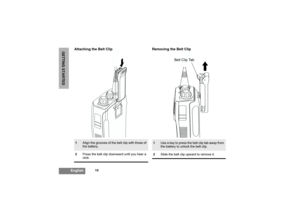 Page 1210
English
GETTING STARTED
Attaching the Belt Clip Removing the Belt Clip1
Align the grooves of the belt clip with those of 
the battery.
2Press the belt clip downward until you hear a 
click.
1
Use a key to press the belt clip tab away from 
the battery to unlock the belt clip.
2Slide the belt clip upward to remove it.
Belt Clip Tab
CP040_EN.fm  Page 10  Thursday, October 2, 2003  10:53 AM 