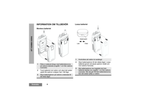 Page 1228
SvenskaATT KOMMA IGÅNG
INFORMATION OM TILLBEHÖRMontera batterietLossa batteriet1
Rikta in batteriet längs med batteriskenorna 
på radions baksida (ungefär 1 cm från radions 
ovansida).
2Tryck batteriet mot radion och skjut det sedan 
uppåt tills spärren snäpper fast i rätt läge.
3
Skjut batterispärren på radions undersida till 
det låsta läget.
1
Kontrollera att radion är avstängd.
2Skjut batterispärren till det olåsta läget. Lossa 
batteriet genom att skjuta spärren nedåt och 
mot radions framsida.
3...
