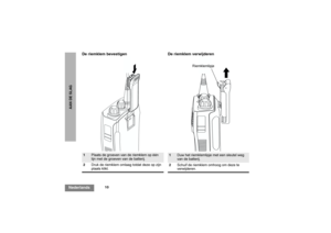 Page 14010
NederlandsAAN DE SLAG
De riemklem bevestigen De riemklem verwijderen1
Plaats de groeven van de riemklem op één 
lijn met de groeven van de batterij.
2Druk de riemklem omlaag totdat deze op zijn 
plaats klikt.
1
Duw het riemklemlipje met een sleutel weg 
van de batterij.
2Schuif de riemklem omhoog om deze te 
verwijderen.
Riemklemlipje
CP040_NL.fm  Page 10  Thursday, October 2, 2003  10:40 AM 