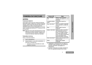 Page 2497
Limba Românã
PUNEREA ÎN FUNCÞIUNE
PUNEREA ÎN FUNCÞIUNEBATERIAÎncãrcarea baterieiDacã bateria este nouã sau nivelul de încãrcare 
este foarte scãzut, trebuie sã o încãrcaþi înainte de 
utilizare. Când nivelul de încãrcare este scãzut ºi 
radiotelefonul se aflã în mod de transmisie, 
indicatorul LED va lumina intermitent cu o luminã 
roºie. La eliberarea butonului PTT veþi auzi un ton 
de avertizare.
Notã: Bateriile sunt livrate neîncãrcate de la uzinã. 
Bateriile noi trebuie încãrcate timp de 14-16 
ore...