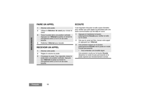 Page 4612
FrançaisMISE EN ROUTE
FAIRE UN APPEL
RECEVOIR UN APPELECOUTE
Il est important d’écouter le trafic avant d’émettre 
pour vérifier que votre appel ne perturbera pas une 
autre communication qui est déjà en cours.
1
Allumez votre poste.
2Utilisez le Sélecteur de canal pour choisir le 
canal.
3
Tenez le poste dans une position verticale. 
Appuyez sur l’Alternat et parlez en tenant le 
microphone entre 2,5 et 5 cm de votre 
bouche.
4Relâchez l’Alternatpour écouter.
1
Allumez votre poste.
2Réglez le volume...