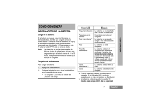 Page 577
Español
CÓMO COMENZAR
CÓMO COMENZARINFORMACIÓNDELABATERÍACargadelabateríaSi la batería es nueva, o su nivel de carga es 
demasiado bajo, tendrá que cargarla antes de 
poder usarla. Cuando el nivel de la batería es bajo y 
el radioteléfono está en modo de transmisión, 
observará que el indicador LED parpadea en rojo. 
Al soltar el botón PTT, oirá un tono de alerta.
Nota:Las baterías se envían descargadas de 
fabrica. Antes de utilizarla por primera vez, 
cargue siempre la batería nueva de 14 a 16...