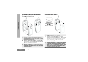 Page 748
ItalianoINTRODUZIONE
INFORMAZIONI SUGLI ACCESSORIMontaggio della batteriaSmontaggio della batteria1
Allineare la batteria alle scanalature presenti 
sulla parte posteriore della radio, circa 1 cm dalla 
parte superiore della radio.
2Premere saldamente la batteria contro la radio e 
farla scivolare verso l’alto, finché il dispositivo di 
chiusura non scatta in posizione.
3
Spostare il dispositivo di chiusura della batteria, 
posizionato sulla parte inferiore della radio, sulla 
posizione di blocco.
1...