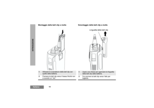 Page 7610
ItalianoINTRODUZIONE
Montaggio della belt clip a molla Smontaggio della belt clip a molla1
Allineare le scanalature della belt clip con 
quelle della batteria.
2Premere la belt clip verso il basso finché non 
si avverte un “clic”.
1
Usare una chiave per sganciare la linguetta 
della belt clip dalla batteria.
2Far scorrere la belt clip verso l’alto per 
toglierla.
Linguetta della belt clip
CP040_IT.fm   Page 10  Thursday, October 2, 2003  10:37 AM 