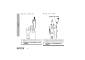 Page 9210
PortuguêsINICIAÇÃO
Colocação do Clip de Cinto Remoção do Clip de Cinto1
Alinhe os entalhes do clip de cinto com os da 
bateria.
2Empurre o clip de cinto para baixo, até ouvir 
um estalido.
1
Utilize uma chave para afastar a ponta do 
clip de cinto da bateria, para soltar o clip de 
cinto.
2Empurre o clip de cinto para cima para o 
remover.
Ponta do clip de cinto
CP040_PT.fm   Page 10  Thursday, October 2, 2003  10:51 AM 