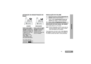 Page 9311
Português
INICIAÇÃO
ACTIVAÇÃO OU DESACTIVAÇÃO DO
RÁDIOREGULAÇÃO DO VOLUME
SELECÇÃO DE UM CANAL DE RÁDIO
O seu rádio oferece 4 ou 16 canais.
Nota:devido à legislação do país, poderá não ser 
possível programar alguns canais. Solicite 
mais informações ao seu agente.
Para seleccionar um canal, rode o botão Selector
de Canaisno sentido dos ponteiros do relógio ou 
no sentido contrário até obter o canal pretendido.
Rode o botão Ligar/
Desligar/Controlo de
Vo l u m e no sentido dos 
ponteiros do relógio....