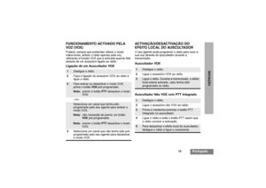 Page 9513
Português
INICIAÇÃO
FUNCIONAMENTO ACTIVADO PELA
VOZ (VOX)Poderá, sempre que pretender utilizar o modo 
mãos-livres, activar o rádio apenas pela voz, 
utilizando a função VOX que é activada quando fala 
através de um acessório ligado ao rádio.Ligação de um Auscultador VOX
ACTIVAÇÃO/DESACTIVAÇÃO DO
EFEITO LOCAL DO AUSCULTADORO seu agente pode programar o rádio para ouvir a 
sua voz através do auscultador durante a 
transmissão.Auscultador VOX
Auscultador Não VOX com PTT Integrado
1
Desligue o rádio....