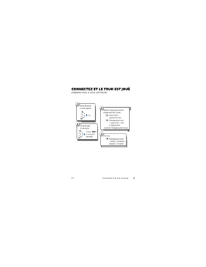 Page 513
FR Connectez et le tour est joué
Connectez et le tour est jouépréparez-vous à vous connecter
Activez Bluetooth 
sur votre appareil.Ac1
Oui
3
Entrez « 0000  » 
si on vous le 
demande.
Entrez le code 
d’autorisation.
Te r miné.T4
2
Voyant d’état – 
clignotement bleu
Mettez le casque sous tension 
(charger avant de l’utiliser).
Message-guide vocal : 
« ready to pair » (prêt 
à l’appariement)
Suivez les messages-guides vocaux.
Message-guide vocal : 
« Device 1 connected »
(Appareil 1 connecté) 