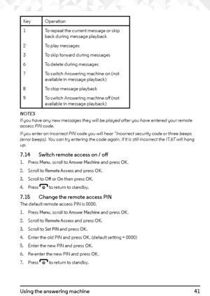 Page 4141Using the answering machine
KeyOperation
1 To repeat the current message or skip 
back during message playback
2 To play messages
3 To skip forward during messages
6 To delete during messages
7 To switch Answering machine on (not 
available in message playback)
8 To stop message playback
9 To switch Answering machine off (not 
available in message playback)
NOTES
If you have any new messages they will be played after you have entered your remote 
access PIN code.
If you enter an incorrect PIN code you...