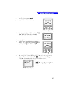 Page 25General Radio Operation
19
2.Press M directly below PP P P
RR R R
OO O O
GG G G.
3.The display changes to show the lists (
PP P P
AA A A
GG G G
EE E E, 
PP P P
HH H H
OO O O
NN N N, CC C C
AA A A
LL L L
LL L L, etc.) that can be changed.
4.Press 
N directly below the list you wish to 
change. For example, to change a telephone 
number, press 
N directly below PP P P
HH H H
OO O O
NN N N.
5.The display will show the ﬁrst member in the list (name on the upper 
line, number on the lower line). The I status...