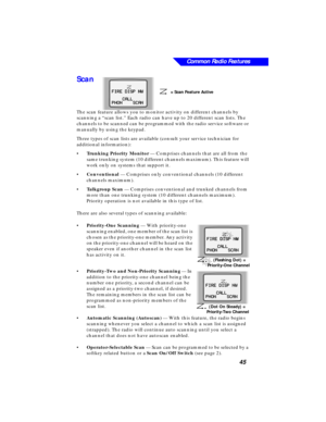 Page 51Common Radio Features
45
Scan   
The scan feature allows you to monitor activity on different channels by 
scanning a “scan list.” Each radio can have up to 20 different scan lists. The 
channels to be scanned can be programmed with the radio service software or 
manually by using the keypad.
Three types of scan lists are available (consult your service technician for 
additional information):
•Trunking Priority Monitor — Comprises channels that are all from the 
same trunking system (10 different...