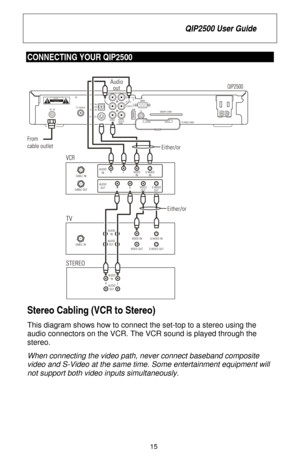 Page 21
 QIP2500 User Guide 
 
15 
CONNECTING YOUR QIP2500  
 
Stereo Cabling (VCR to Stereo) 
This diagram shows how to connect the set-top to a stereo using the 
audio connectors on the VCR. The VCR sound is played through the 
stereo.  
When connecting the video path, never connect baseband composite 
video and S-Video at the same time. Some entertainment equipment will 
not support both video inputs simultaneously.  