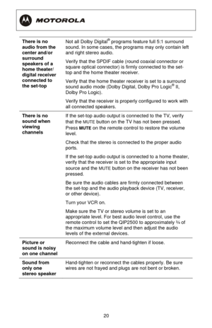 Page 26
  
 
20
 
There is no 
audio from the 
center and/or 
surround 
speakers of a 
home theater/ 
digital receiver 
connected to 
the set-top 
Not all Dolby Digital
® programs feature full 5:1 surround 
sound. In some cases, the programs may only contain left 
and right stereo audio. 
Verify that the SPDIF cable (round coaxial connector or 
square optical connector) is firmly connected to the set-
top and the home theater receiver. 
Verify that the home theater re ceiver is set to a surround 
sound audio...