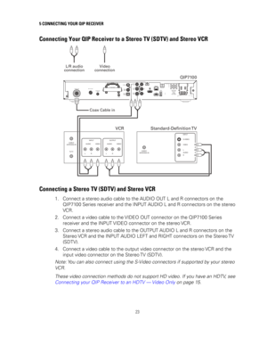 Page 33
  
5 CONNECTING YOUR QIP RECEIVER 
 23
 
Connecting Your QIP Receiver to a Stereo TV (SDTV) and Stereo VCR 
CABLE/
ANTENNA IN INPUT
S-VIDEO
VIDEO
L
R AUDIOTo T V
CABLE/
ANTENNA IN INPUT
AUDIO
R
L VIDEO
OUTPUT
AUDIO
R
L VIDEO
Standard-Definition TV
VCR QIP7100
IR Remote
Input CableCARD
USB
Ethernet
SWITCHED105-125 V 60 Hz
4AMAX
500 W MAX
Serial Optical
AudioDigital
Audio
S-Video
1394
Firewire
HDMI
RF TV OUT
FiOS TV IN Audio
Left
Audio Right
Video
Out Y
Pb
Pr
L/R audio
connection Video
connection
Coax...