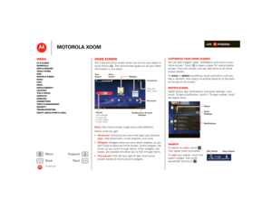 Page 22LIFE.         POWERED.
Back 
Next 
More Su 
pp
ort
+
MOTOROLA XOOM
MenuAt a glance Essentials Apps & updatesTouch typing Web Photos & videosMusic Chat EmailGoogle eBooks™Location Tips & tricks ContactsWireless Connections Tools & managementSecurity Troubleshooting Safety, Regulatory & Legal
Essentials
Home screenYou’ll see the home screen when you turn on your tablet or touch Home . The home screen gives you all your latest information in one place. Note:  
Your home screen might look a little different....