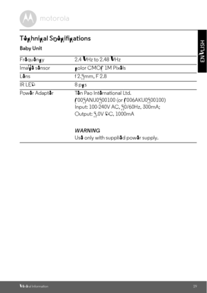 Page 29General Information29
ENGLISH
Technical Specifications
Baby Unit 
Frequency 2.4 GHz to 2.48 GHz
Image sensor color CMOS 1M Pixels
Lens f 2.5mm, F 2.8
IR LED 8 pcs
Power Adapter Ten Pao International Ltd.
S005ANU0500100 (or S006AKU0500100)
Input: 100-240V AC, 50/60Hz, 300mA; 
Output: 5.0V DC, 1000mA
WARNING
Use only with supplied power supply. 