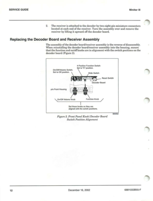 Page 15SERVICE GUIDE Minit or III
2. Thereceiver isattache dto th e decoderby two e ig ht- pi nmi ni a ture co nnecto rs
l oca t e dat eac hend of t h e r e ceive r. T u rn the asse mbly ove r an d r emo ve th e
r e ce iv
erby lift in gitup wa r doITthedec oder board.
Repl ac ingtheDecoder Boardand ReceiverAssembly
Theassembly of thedecode r board/r ece ive r a ssem bly i s thereverseo f d is a sse mb ly .
W hen rei n
stall in gthe decod e rboard/ re ce ive rasse mblyinto t he hou sing,en sure
thatthe f u nct...