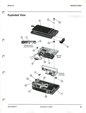 Page 32Minito r111SERV ICE GUIDE
Exploded View
1
Receiver
Assembly
8
18
11
1 9
~7
-- 1-
~
-6-
~io
1
1
3
I
~.
Decoder
Boa rd
21
688 1033855· FDecember 16,200229 