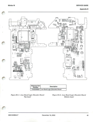 Page 36MinitorIIISERVICEGUIDE
Appendi x8
~=""1l1LnlJ.. .8­: .01.tl 8
L;J
Motor olaPartNumberD escript ion
0162939826Il o wBa ndlogic(Decoder) B oard
Figure BI.I-Low BandLogic(De cod er)B oar d
T op La
yer
Fig ureBI.2 -LowBan d Logic (Decod er )Boar d
Bott omLayer
6881033855·FDecember1 6 ,200 2
41 