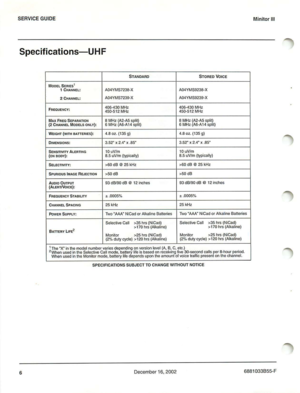 Page 9SERVICEGUIDE
Specifications-UHF
STAND ARD STORED VO ICE
M O DE LSER IE S1, C
HANN EL:AQ4YM S 72 3 8-X AQ4 YM S 9 23 8 ·X
2 C HAN NEL :A04 YMS 7239-X A04Y MS92 39- X
FRE OU ENCY:406 -4 3 0 M Hz 4
06-4 3 0MHz
4 50 -5 1 2 MHz45 0·5 12 M Hz
MAXFREDSEPARATION8 MHz ( A2-A 5sp lit)8M Hz!A 2.A5s pli t)( 2 CHANNEL M ODELSONLY):6 M Hz(A6-A14 sp lit)6 MH zA6·A 14 s pill )
WEIGHT (W ITH BAnERIES):4 .8oz .(135g)4 .8oz .(135g )
OIAE N SIO NS:3.52 x2.4x.85 3.52 x2.40x.85 
SENsmVlTY ALER TING10uVim1 0 uVlm(ON B ODY):8.5...