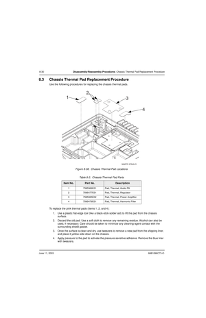 Page 116June 11, 20036881096C73-O
8-30Disassembly/Reassembly Procedures: Chassis Thermal Pad Replacement Procedure
8.3 Chassis Thermal Pad Replacement Procedure
Use the following procedures for replacing the chassis thermal pads.
Figure 8-38.  Chassis Thermal Pad Locations
To replace the pink thermal pads (Items 1, 2, and 4):
1. Use a plastic flat-edge tool (like a black-stick solder aid) to lift the pad from the chassis 
surface.
2. Discard the old pad. Use a soft cloth to remove any remaining residue. Alcohol...