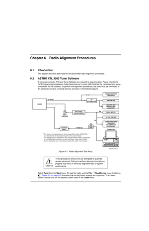 Page 59Chapter 6 Radio Alignment Procedures
6.1 Introduction
This section describes both receiver and transmitter radio alignment procedures.
6.2 ASTRO XTL 5000 Tuner Software
A personal computer (PC) and Tuner Software are required to align the radio. Please refer to the 
CPS Programming Installation Guide (Motorola part number 6881095C44) for installation and setup 
procedures for the software. To perform the alignment procedures, the radio must be connected to 
the computer and to a universal test set, as...