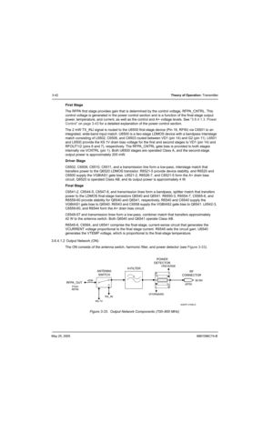 Page 108May 25, 20056881096C74-B
3-42Theory of Operation: Transmitter
First Stage
The RFPA first stage provides gain that is determined by the control voltage, RFPA_CNTRL. This 
control voltage is generated in the power control section and is a function of the final-stage output 
power, temperature, and current, as well as the control and A+ voltage levels. See “3.6.4.1.3. Power 
Control” on page 3-43 for a detailed explanation of the power control section.
The 2 mW TX_INJ signal is routed to the U6500...
