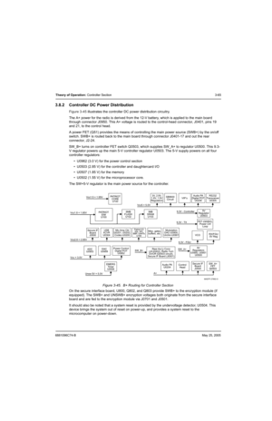 Page 1316881096C74-BMay 25, 2005
Theory of Operation: Controller Section3-65
3.8.2 Controller DC Power Distribution
Figure 3-45 illustrates the controller DC power distribution circuitry.
The A+ power for the radio is derived from the 12-V battery, which is applied to the main board 
through connector J0950. This A+ voltage is routed to the control-head connector, J0401, pins 19 
and 21, to the control head.
A power FET (Q51) provides the means of controlling the main power source (SWB+) by the on/off 
switch....