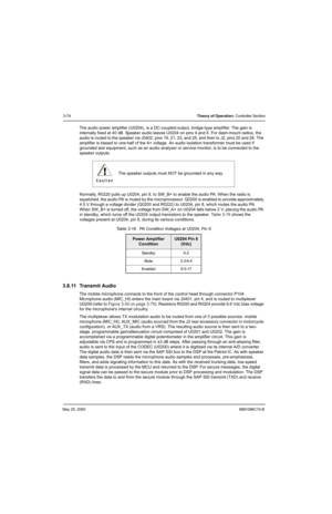 Page 140May 25, 20056881096C74-B
3-74Theory of Operation: Controller Section
The audio power amplifier (U0204), is a DC-coupled-output, bridge-type amplifier. The gain is 
internally fixed at 40 dB. Speaker audio leaves U0204 on pins 4 and 6. For dash-mount radios, the 
audio is routed to the speaker via J0402, pins 19, 21, 23, and 25, and then to J2, pins 20 and 26. The 
amplifier is biased to one-half of the A+ voltage. An audio isolation transformer must be used if 
grounded test equipment, such as an audio...