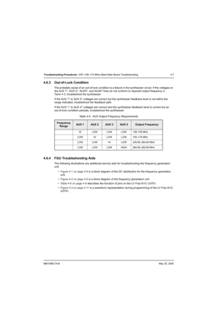 Page 1516881096C74-BMay 25, 2005
Troubleshooting Procedures: VHF (136–174 MHz) Band Main Board Troubleshooting 4-7
4.6.3 Out-of-Lock Condition
The probable cause of an out-of-lock condition is a failure in the synthesizer circuit. If the voltages on 
the AUX 1*, AUX 2*, AUX3*, and AUX4* lines do not conform to required output frequency in
Table 4-5, troubleshoot the synthesizer.
If the AUX 1* to AUX 4* voltages are correct but the synthesizer feedback level is not within the 
range indicated, troubleshoot the...