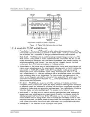 Page 456881076C20-EFebruary 3, 2003
Introduction: Control Head Descriptions1-5
Figure 1-5.  Typical W9 Pushbutton Control Head
1.3.1.4  Models W4, W5, W7, and W9 Controls
 Power Switch — The power (PWR) switch turns the radio and its accessories on or off. The 
power switch is part of the rotary volume knob on the W4 model, a push-type switch on the W5 
and W7 models, and a slide switch on the right-hand bottom surface of the W9 model.
 Mode Switch — The Mode switch is used for selecting modes and programming...