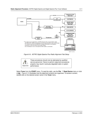 Page 856881076C20-EFebruary 3, 2003
Radio Alignment Procedure: ASTRO Digital Spectra and Digital Spectra Plus Tuner Software 6-11
Figure 6-9.  ASTRO Digital Spectra Plus Radio Alignment Test Setup
Select Tuner from the START menu. To read the radio, use the File 
➝ Read Device menu or click 
on . 
Figure 6-10 illustrates how the alignment screens are organized. To access a screen, 
double-click on the desired screen name in the Tuner menu. These procedures should only be attempted by qualified 
service...