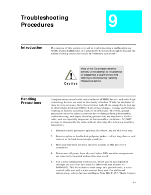 Page 669-1
Troubleshooting
Procedures
9
Introduction The purpose of this section is to aid in troubleshooting a malfunctioning 
ASTRO Digital SABER radio. It is intended to be detailed enough to localize the 
malfunctioning circuit and isolate the defective component.
Handling 
PrecautionsComplementary metal-oxide semiconductor (CMOS) devices, and other high-
technology devices, are used in this family of radios. While the attributes of 
these devices are many, their characteristics make them susceptible to...