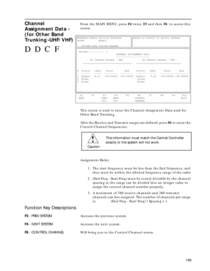 Page 201199
Channel 
Assignment Data -
(for Other Band 
Trunking -UHF/VHF) From the MAIN MENU, press F4 twice, F3 and then F6  to access this 
screen. 
This screen is used to enter the Channel Assignment Data used for 
Other Band Trunking. 
After the Receive and Transmit ranges are deﬁned, press F6 to enter the 
Control Channel frequencies.
Assignment Rules:
1. The start frequency must be less than the End frequency, and 
they must be within the allowed frequency range of the radio
2. (End Freq - Start Freq)...