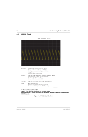 Page 137November 16, 20066881094C31-E
6-2Troubleshooting Waveforms: 13 MHz Clock
6.2 13 MHz Clock
13 MHz clock from U301 to U501.
Trace 1: Trace recorded at C303 on the NTN9564 board.
Similar waveform is visible on C339 on the NNTN4563, NNTN4819, NNTN4717 & NNTN5567 
VOCON boards.
Figure 6-1.  13 MHz Clock Waveform
MAEPF-27490-O 