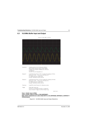 Page 1386881094C31-ENovember 16, 2006
Troubleshooting Waveforms: 16.8 MHz Buffer Input and Output 6-3
6.3 16.8 MHz Buffer Input and Output
Trace 1: Buffer input at R452.
Trace 2: Buffer output at C452 or C450 (NNTN5567).
Note: These components are under shield SH101 on the NNTN4563, NNTN4819, & NNTN4717 
VOCON boards.
Figure 6-2.  16.8 MHz Buffer Input and Output Waveforms
MAEPF-27491-O 