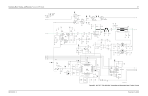 Page 182Schematics, Board Overlays, and Parts Lists: Transceiver (RF) Boards8-76881094C31-ENovember 16, 2006
Figure 8-5. NUF3577 700–800 MHz Transmitter and Automatic Level Control Circuits
100 mil
(2 PLS)10 by
NC TX7V100 R119 RAWB+
10K R106
100pF C123 C122
2200pF BK1005HM471 E105R129
10K .01uFC104TX7V
L103
100nH
Q107
6
21
3
4
5
7
8
RAWB+
REFPOS 15
5
VCC
R121
100
CSTART 10DATA_OUT1
DATD_IN 2EOC4
FS 13
11
GND
INV_CLK 12REFNEG 14
A0 6
A1 7
A2 8
A3 9CLK_IO 3
CS 16 MGSF1P02LT1 V5A
TLV1544I U105
C109
6.2pFQ104...