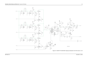 Page 184Schematics, Board Overlays, and Parts Lists: Transceiver (RF) Boards8-96881094C31-ENovember 16, 2006
Figure 8-7. NUF3577 700–800 MHz Frequency Generation Unit (VCO) Circuit—2 of 2
C321
39pF R301
22K
22 R311 2.7pFC309
R328
51K
VCC_BUFFERS14VCC_LOGIC18
C342
39pF
RX_SWITCH
7
SUPER_FLTR3TRB_IN19TX_BASE16TX_EMITTER15TX_IADJ1
TX_OUT
10
TX_SWITCH
13
GND_BUFFERS11GND_FLAG917
GND_LOGICPRESC_OUT
12
RX_BASE5RX_EMITTER6RX_IADJ2
RX_OUT
8
U300
50U54
COLL_RFIN4FLIP_IN20 220nHL304 39pF
Y303
RESONATOR
1100MHzNC C305
10...